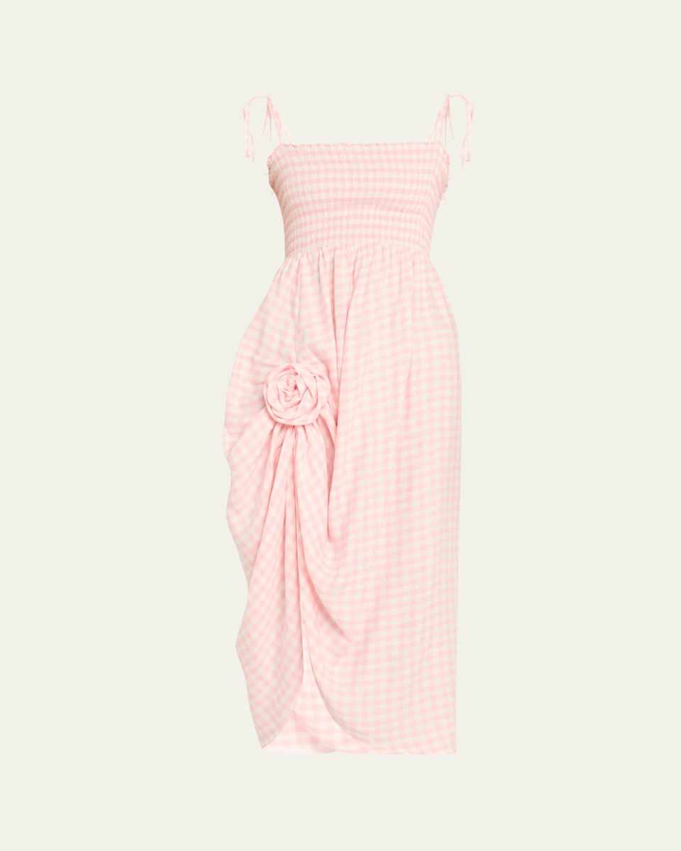 Atlanta Linen-Blend Rosette Gingham Dress